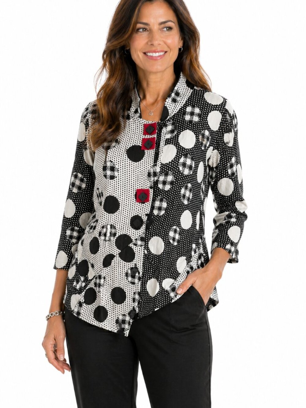 Ali Miles Mixed Print Jacket Top Polka Dot Patchwork‎ Button Front L